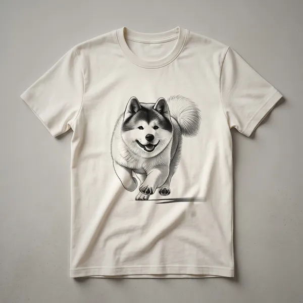 White graphic t-shirt featuring a distressed image of an Akita dog running, with the dog in a dynamic pose.