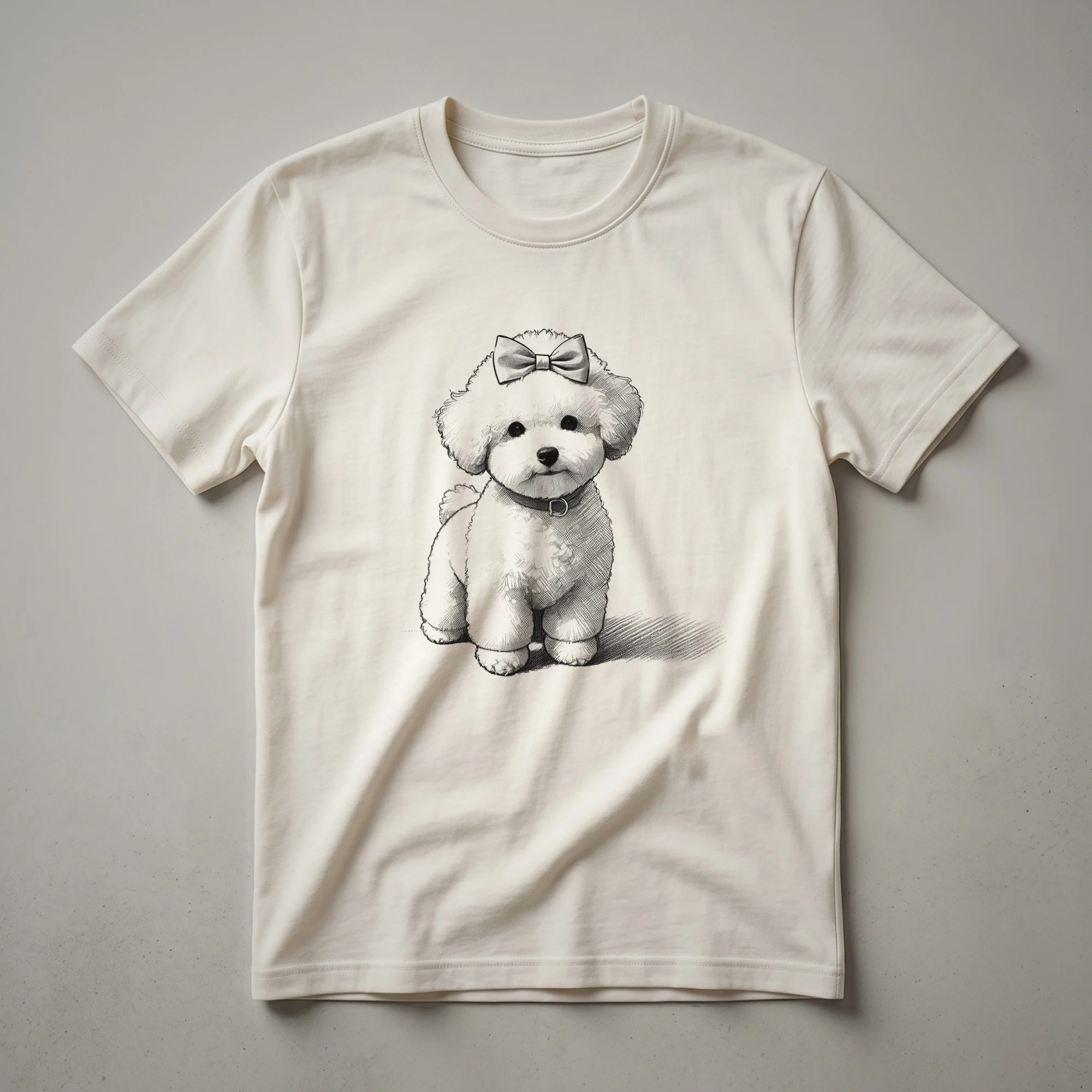 White t-shirt with a cartoon Bichon Frise dog peeking over the bottom edge, showcasing its fluffy white fur and black eyes.