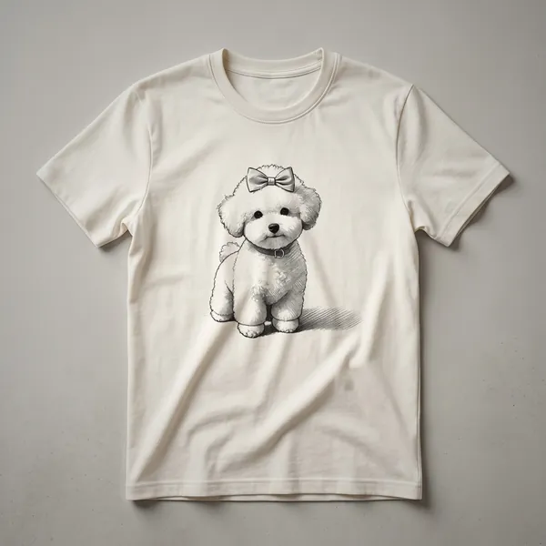 White t-shirt with a cartoon Bichon Frise dog peeking over the bottom edge, showcasing its fluffy white fur and black eyes.