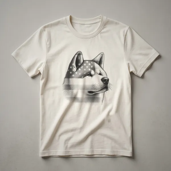 White graphic t-shirt featuring an Akita dog wearing sunglasses with the lenses designed as the American flag, suitable for 4th of July celebrations.
