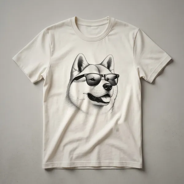 Black and white graphic t-shirt featuring a close-up of an Akita dog's face wearing black sunglasses, rendered in a stippled art style.