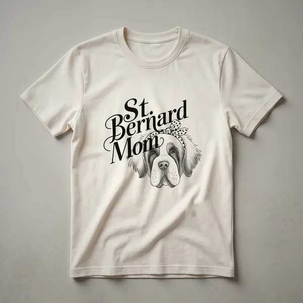 White t-shirt with a graphic design of a St. Bernard dog's face surrounded by colorful flowers and the text 'St. Bernard Mom'.