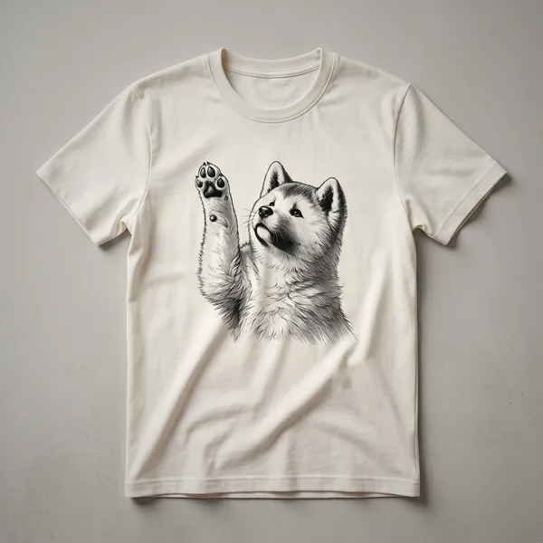 White graphic t-shirt featuring a stylized Akita dog paw print with floral accents in pink, purple, and green.