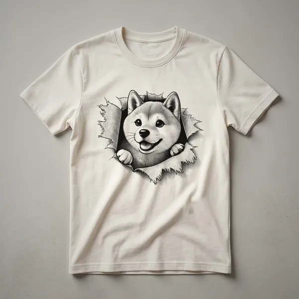 White t-shirt with a Shiba Inu dog peeking over a colorful floral border, designed for dog owners.