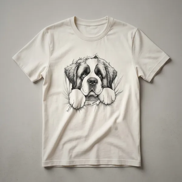 White t-shirt featuring a graphic of a St. Bernard dog's head and shoulders peeking up from the bottom edge.