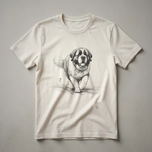 White t-shirt with a distressed graphic of a St. Bernard dog wearing a red running headband and sunglasses, looking forward.