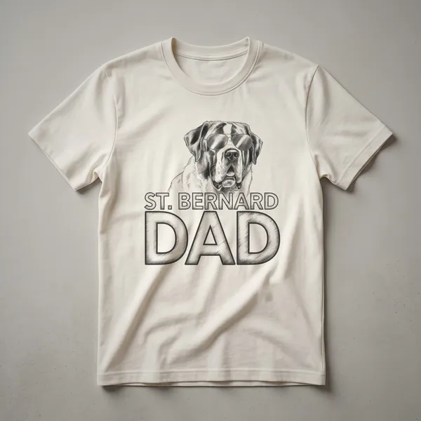 Black t-shirt with a graphic design of a St. Bernard dog surrounded by colorful flowers and the text 'Dad'.