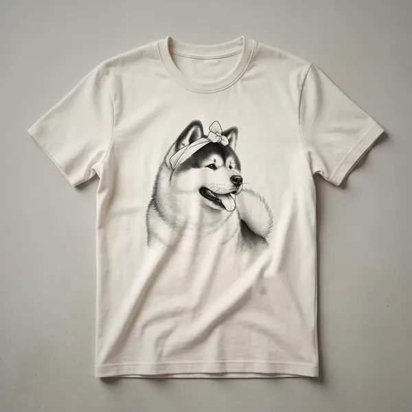 White graphic t-shirt with a cute illustration of an Akita dog peeking over the bottom hem.