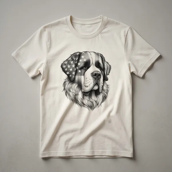 White t-shirt with a graphic of a St. Bernard dog wearing sunglasses, set against a backdrop of the American flag, celebrating the 4th of July.