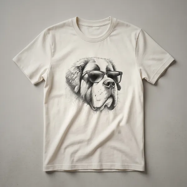 White t-shirt featuring a graphic of a St. Bernard dog wearing dark sunglasses, with the dog's head centered on the chest.