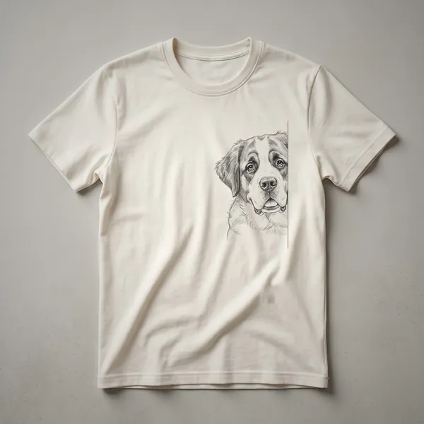 White t-shirt featuring a St. Bernard dog's head peeking from behind a vintage-style floral arrangement with green leaves and pink and yellow flowers.