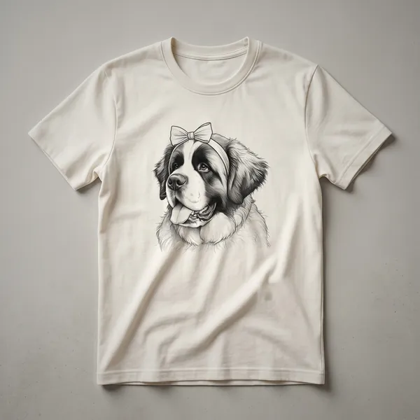 White t-shirt featuring a cartoon St. Bernard dog peeking over the bottom edge of the shirt.