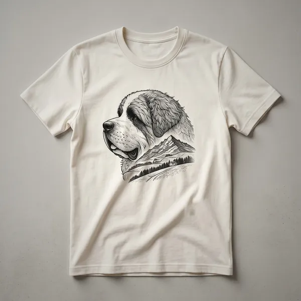 White t-shirt with a watercolor St. Bernard dog portrait framed by a floral wreath, designed for dog owners.