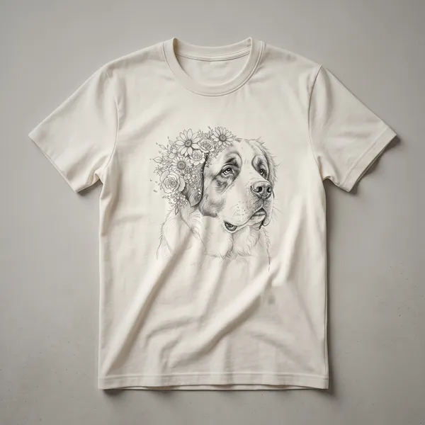 White t-shirt featuring a St. Bernard dog's face surrounded by a colorful floral arrangement, with a painterly artistic style.