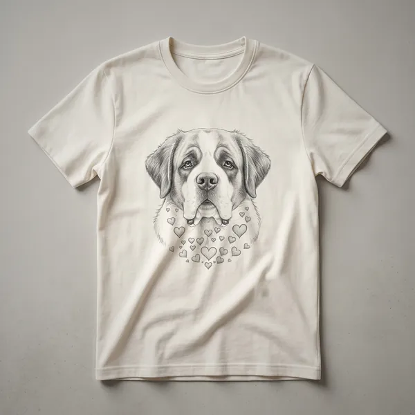 White graphic t-shirt featuring a stylized St. Bernard dog head with a red heart symbol on the chest.