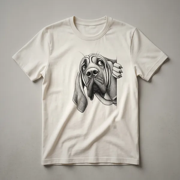 White t-shirt featuring a graphic of a Bloodhound's face peeking over a colorful floral border.