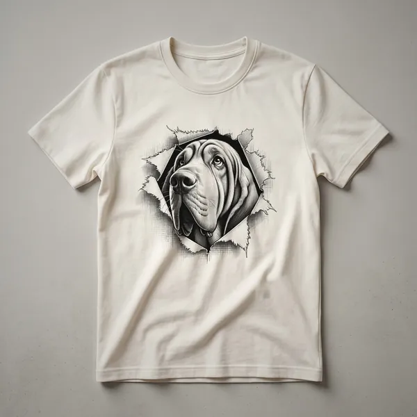 White t-shirt featuring a graphic of a Bloodhound's face peeking over a colorful floral border.