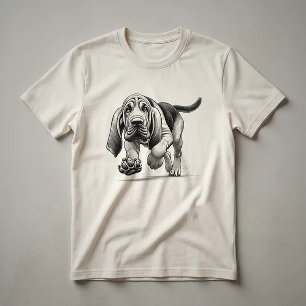 A black graphic t-shirt featuring a distressed illustration of a Bloodhound dog in a running stance.