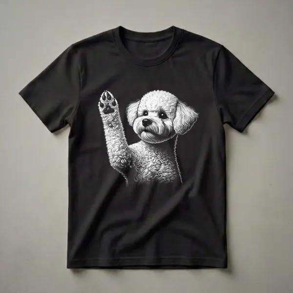 Black and white graphic t-shirt featuring a Bichon Frise dog with its paw raised, against a black background.