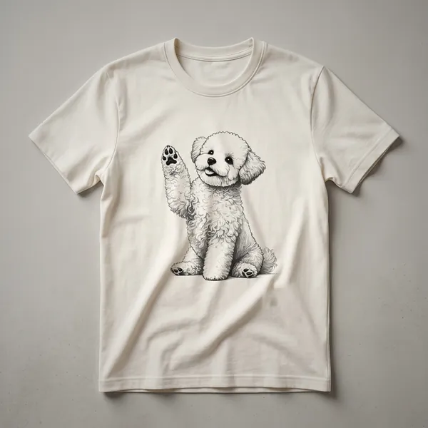 White Bichon Frise dog raising its paw surrounded by colorful flowers on a graphic t-shirt.