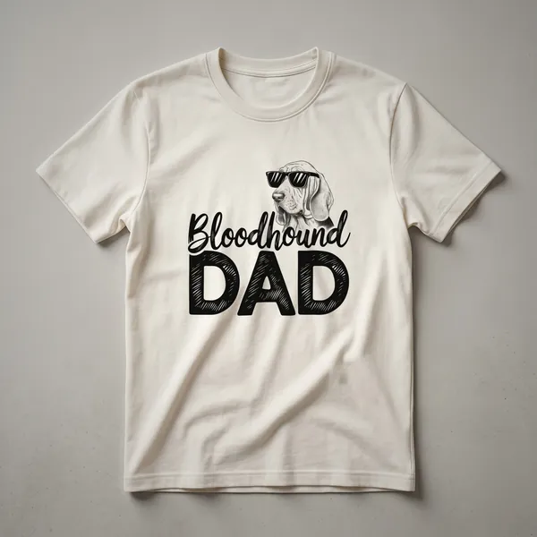 A graphic t-shirt design featuring a stylized Bloodhound dog face with floral elements, presented on a black t-shirt.