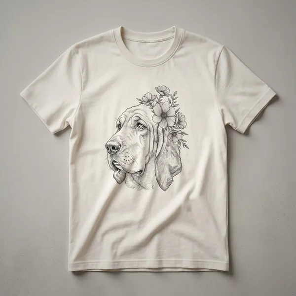 White t-shirt with a graphic of a Bloodhound dog's head surrounded by colorful flowers, designed for girls and women.