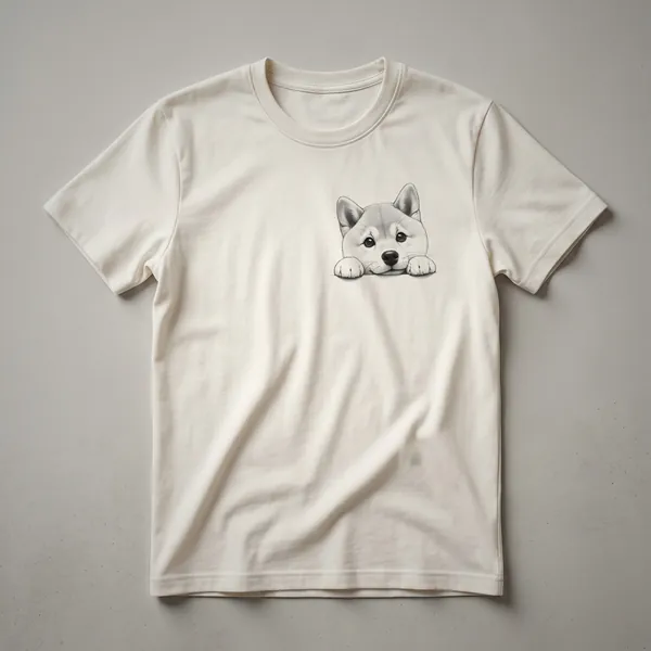 White t-shirt with a graphic design of a Shiba Inu dog peeking from behind a colorful floral border.