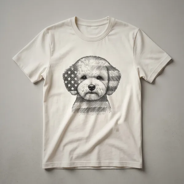 White Bichon Frise dog wearing dark sunglasses and a red, white, and blue bandana, superimposed over a faded American flag design on a t-shirt.