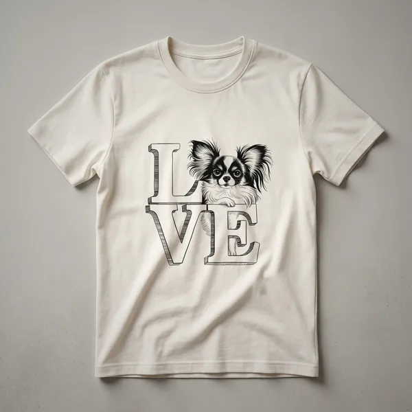 White graphic t-shirt featuring a Papillon dog's face with butterfly ears, surrounded by pink and green floral accents.