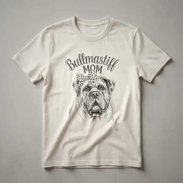 White t-shirt with a graphic of a Bullmastiff face surrounded by colorful floral elements, designed for dog moms.