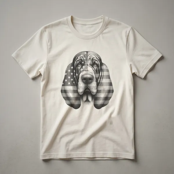 White graphic t-shirt featuring a Bloodhound wearing sunglasses with an American flag pattern, designed for patriotic dog lovers.