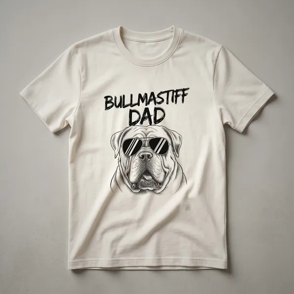 A black t-shirt featuring a graphic of a Bullmastiff dog's face surrounded by colorful floral elements, with the text 'Bullmastiff Dad'.
