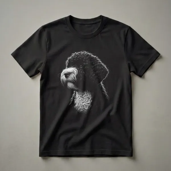 Black and white sketch art of a Portuguese Water Dog's head in profile, showcasing its curly fur and distinctive beard, on a black t-shirt.