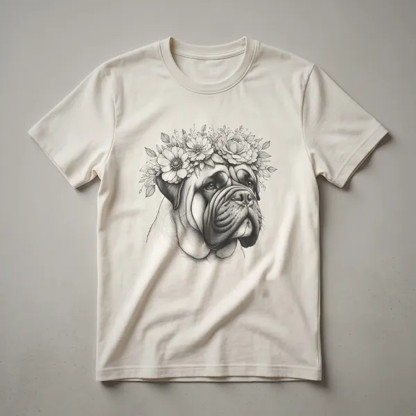 White t-shirt featuring a graphic of a Bullmastiff dog's face with a colorful floral wreath around its head.