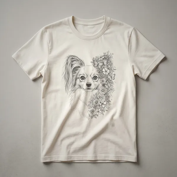White t-shirt featuring a graphic design of a Papillon dog with butterfly-like ears, surrounded by colorful flowers and butterflies.