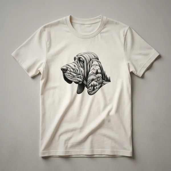 A black t-shirt with a graphic design of a Bloodhound dog's face surrounded by colorful flowers and leaves.