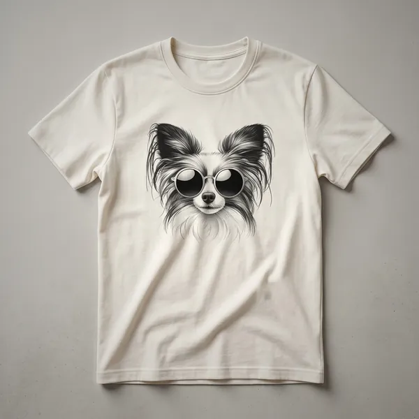 White graphic t-shirt featuring a Papillon dog wearing dark sunglasses, with a patriotic-themed background.