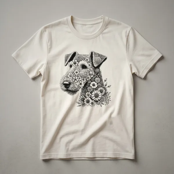 White graphic t-shirt with a stylized Airedale Terrier head surrounded by colorful flowers and leaves.