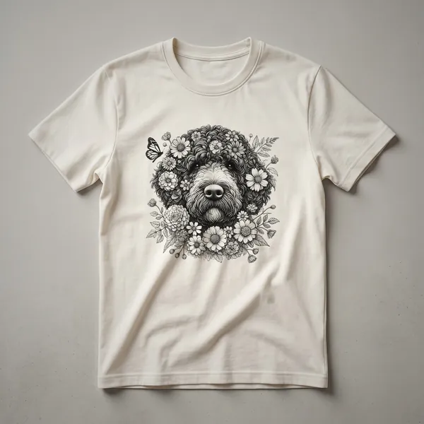 White t-shirt featuring a black silhouette of a Portuguese Water Dog filled with a colorful floral pattern, with the dog's outline clearly visible.