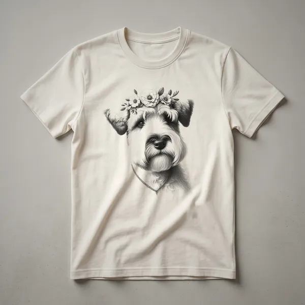 A white t-shirt featuring a graphic design of a Soft Coated Wheaten Terrier silhouette surrounded by colorful flowers and leaves.
