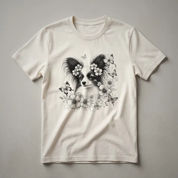 White t-shirt with a floral illustration of a Papillon dog, surrounded by flowers and butterflies.