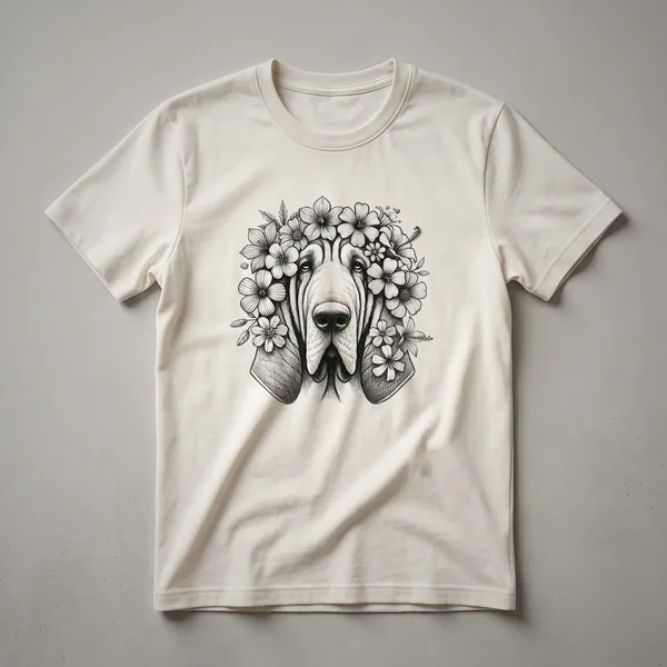 A black t-shirt with a graphic design of a Bloodhound dog's face surrounded by colorful floral elements.