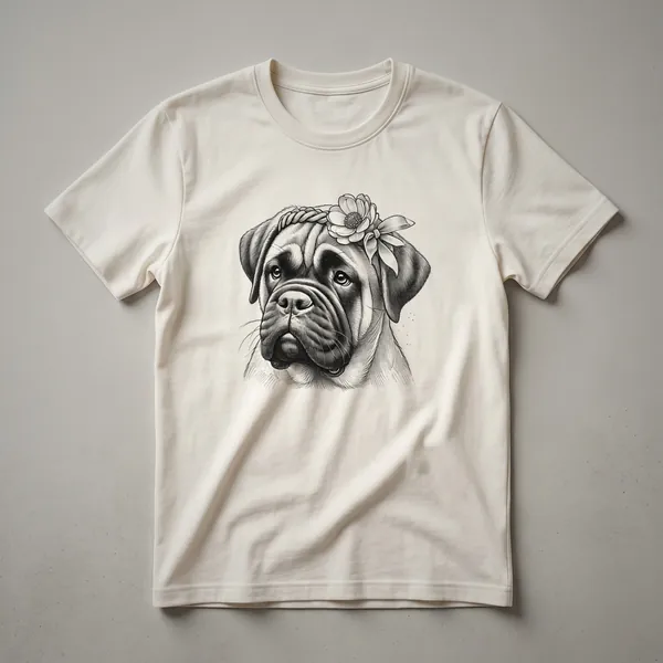 White t-shirt with a graphic of a Bullmastiff dog's face peeking over the bottom hem.