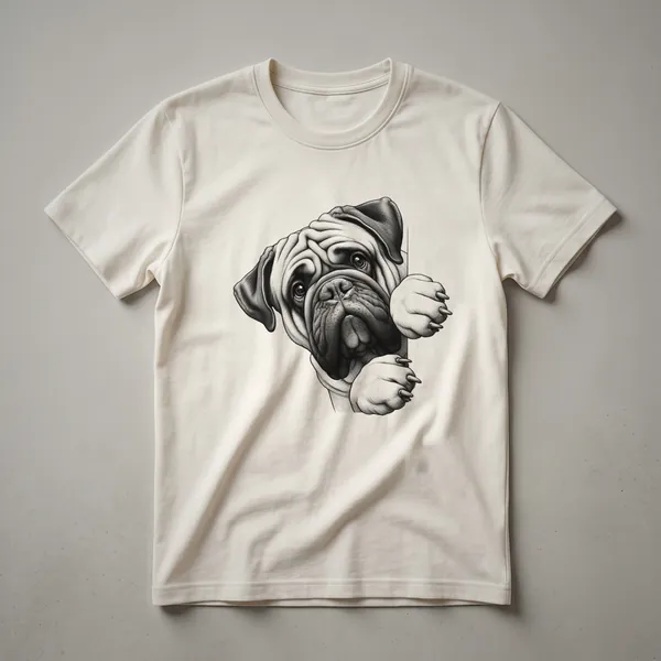A white t-shirt featuring a graphic design of a Bullmastiff's face peeking over a colorful floral border.