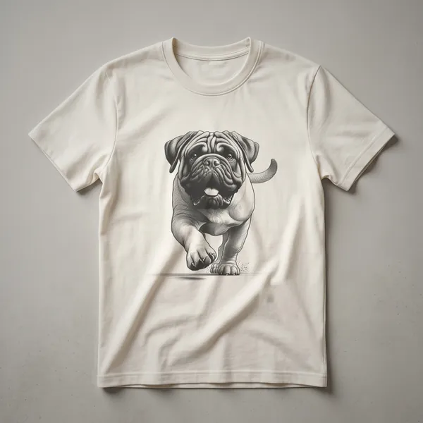 Black graphic t-shirt featuring a distressed illustration of a Bullmastiff in a running pose.
