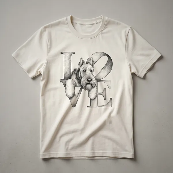 White graphic t-shirt featuring a distressed floral design of an Airedale Terrier head, showcasing the breed's distinctive facial features and a bouquet of flowers.