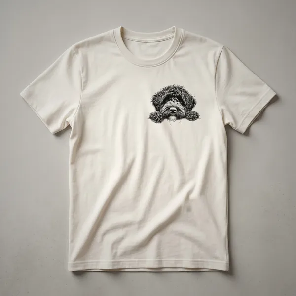Black and white graphic t-shirt featuring a Portuguese Water Dog peeking from the bottom edge, showcasing its face and front paws.