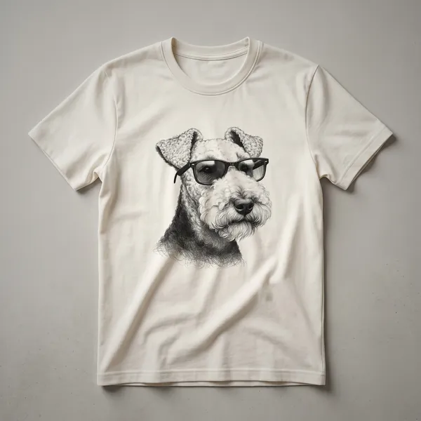 White graphic t-shirt featuring a black and white Airedale Terrier dog wearing dark sunglasses.