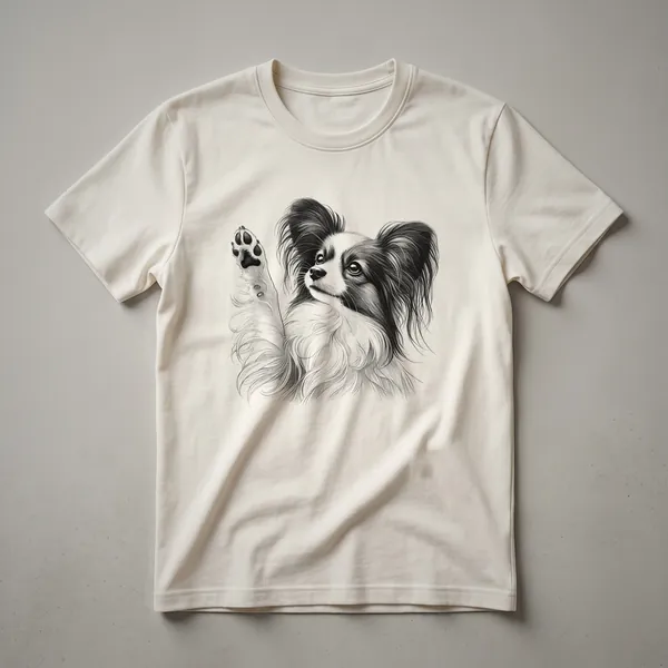 White Papillon dog with distinctive butterfly ears raising its front paw in a graphic design on a t-shirt.