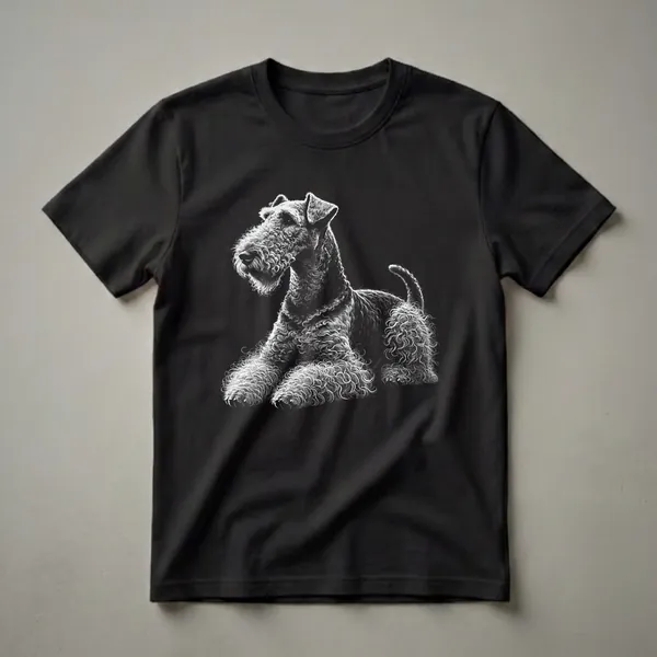 White line art illustration of an Airedale Terrier dog lying down on a black background, showcasing its textured coat and alert posture.